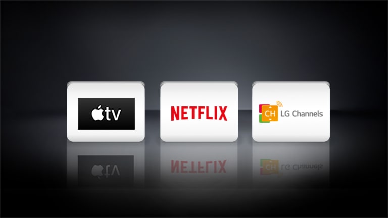 Логотипы LG Channels, Netflix и Apple TV, расположенные горизонтально на черном фоне.