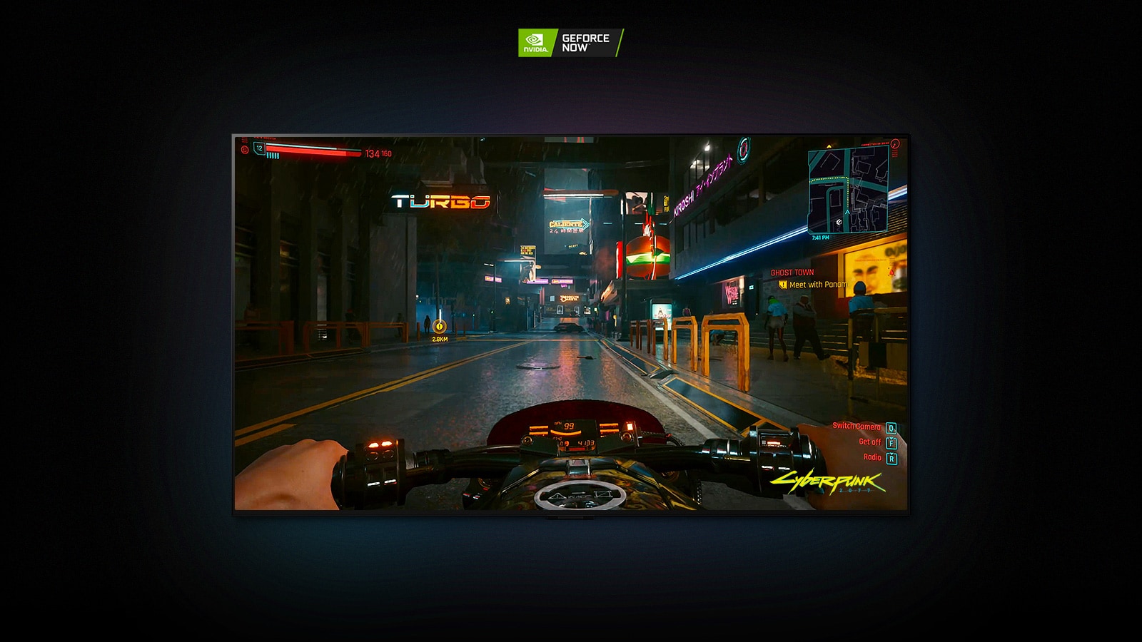In a scene from Cyberpunk 2077 shown on an LG OLED display, the player drives through a neon-lit street on a motorbike.