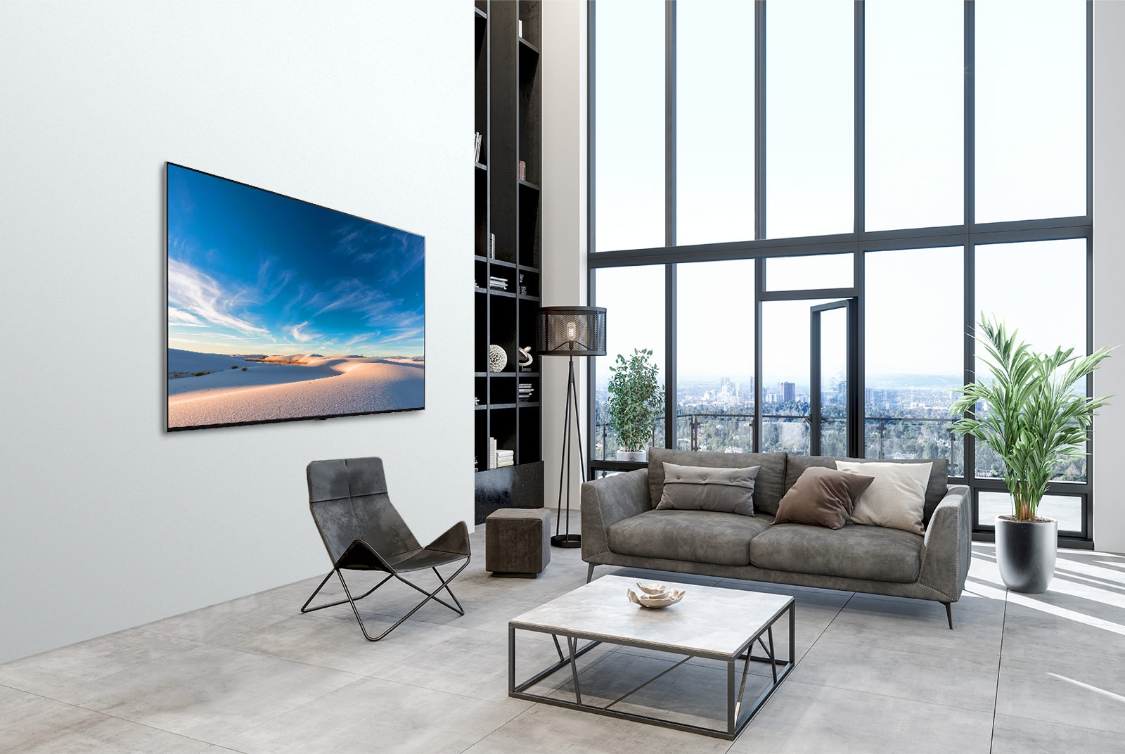 Телевизор LG QNED плотно прилегает к стене в современном интерьере.