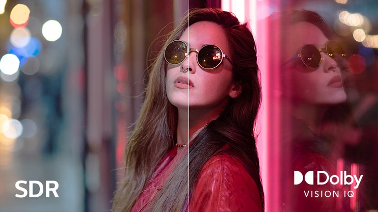 Изображение с женщиной в солнцезащитных очках, разделенная на две части для визуального сравнения. В нижней левой части изображения показан текст SDR, а в нижнем правом углу — логотип Dolby Vision IQ.